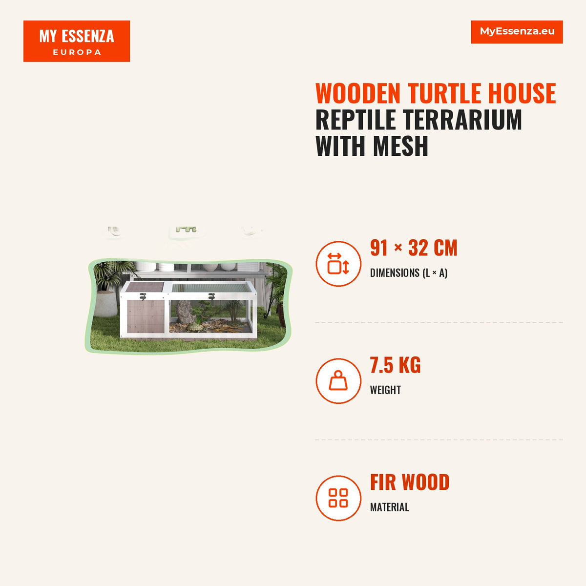Casa para Tartarugas de Madeira Terrario para Reptéis com Teto de Malha Painéis Laterais Transparentes e Trava de Segurança 91x60,5x32 cm Castanho Aci — Infografia | Infographic — dimensions