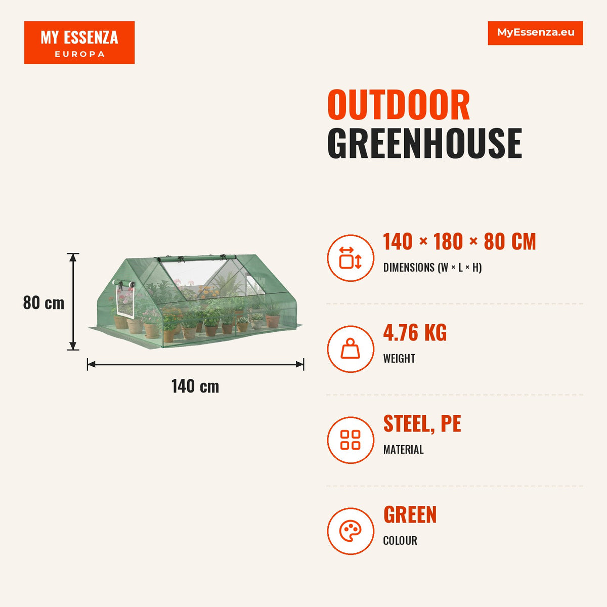 Estufa de Exterior, 180x140x80 cm, Estufa Pequena com 4 Janelas Enroláveis de Rede, Estrutura de Aço e Cobertura PE 140g/㎡ Anti-UV para Jardim, Cultiv — Infografia | Infographic — dimensions