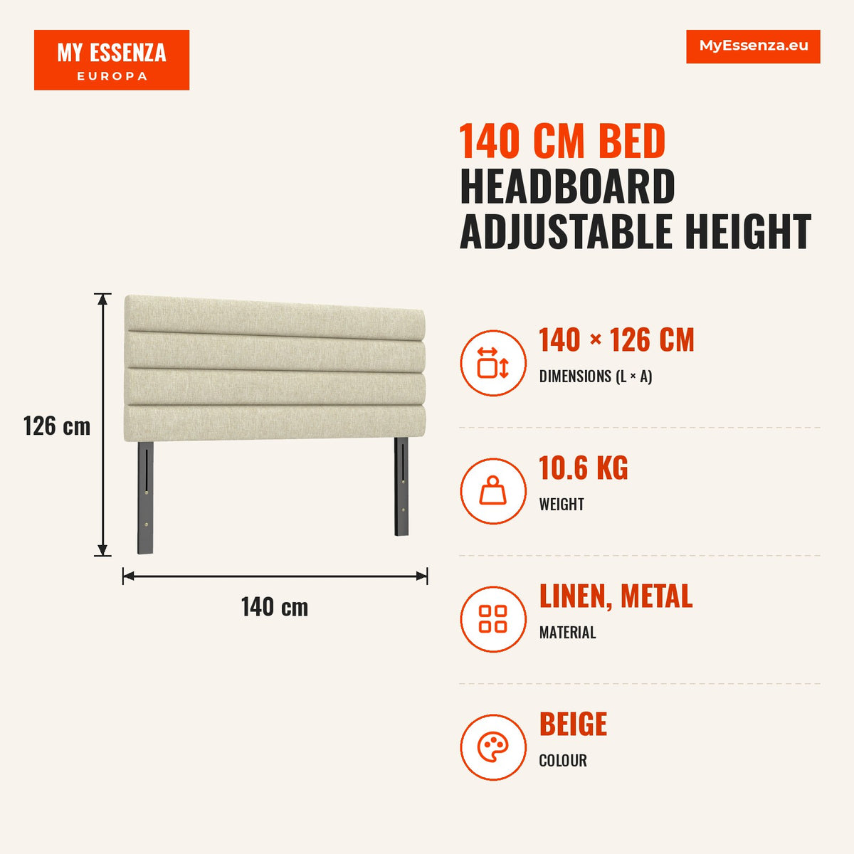 Cabeceira de Cama 140 cm Altura Ajustável em 3 Níveis 106/116/126 cm Cabeceira Estofada em Linho Acolchoamento Linear com Pernas de Aço Montada na Par — Infografia | Infographic — dimensions
