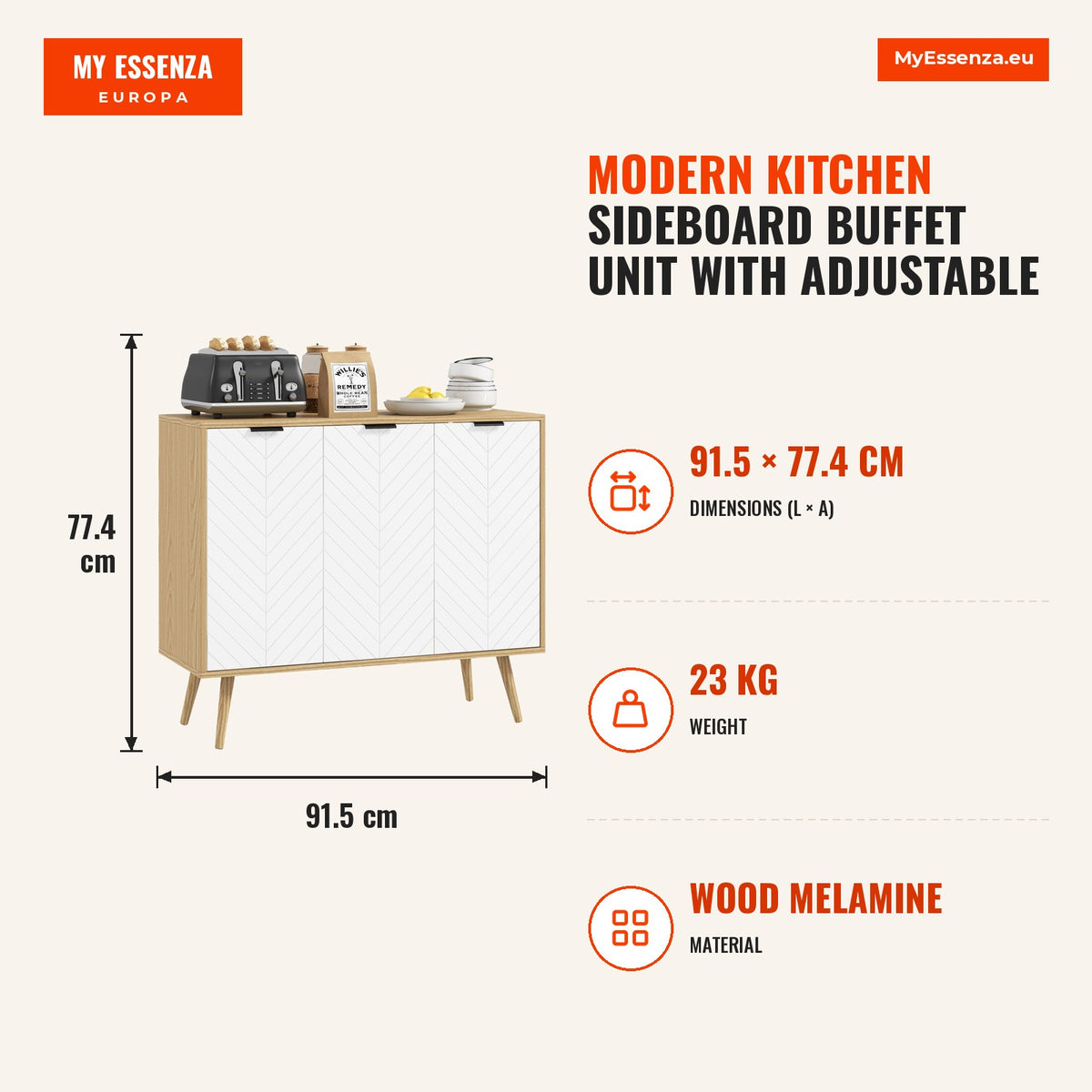 Aparador de Cozinha Moderno Móvel Buffet Auxiliar com Prateleiras Ajustáveis 2 Armários e Anti-Tombo Carga Máx. 50 kg para Sala de Estar 191,5x35x77,4 — Infografia | Infographic — dimensions
