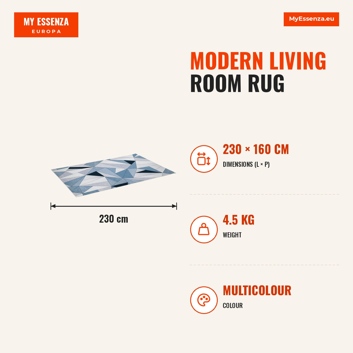 Tapete de Sala de Estar Moderno 230x160cm Tapete Geométrico com Base Antiderrapante para Dormitório Escritório Estúdio Multicor - Modelo 2 — Infografia | Infographic — dimensions