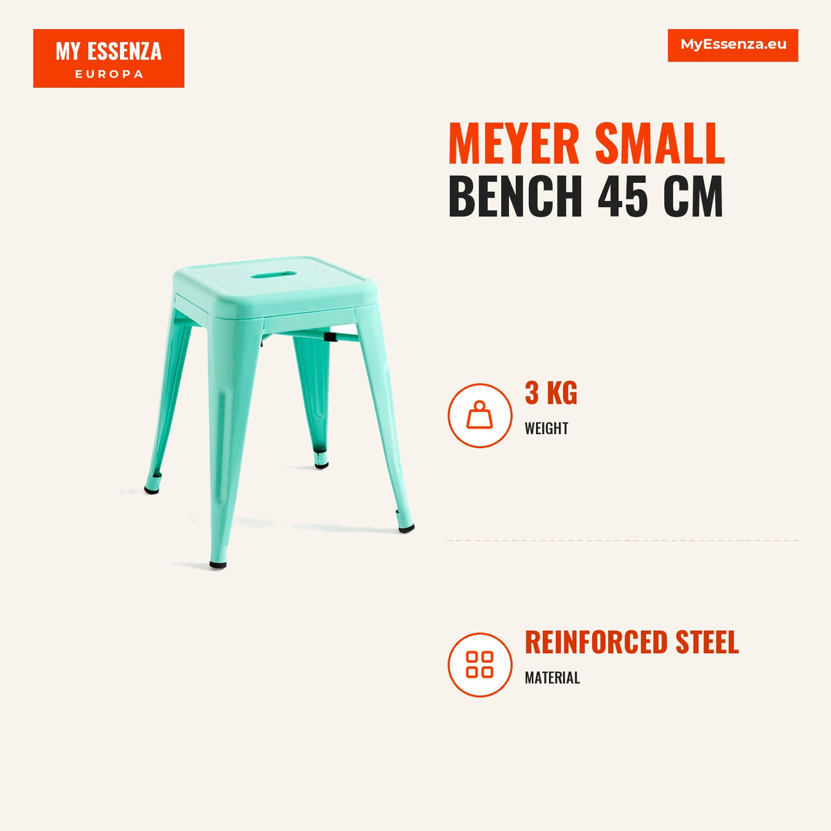 Banco Meyer Pequeno 45 cm — Verde hortelã — Infografia | Infographic — dimensions