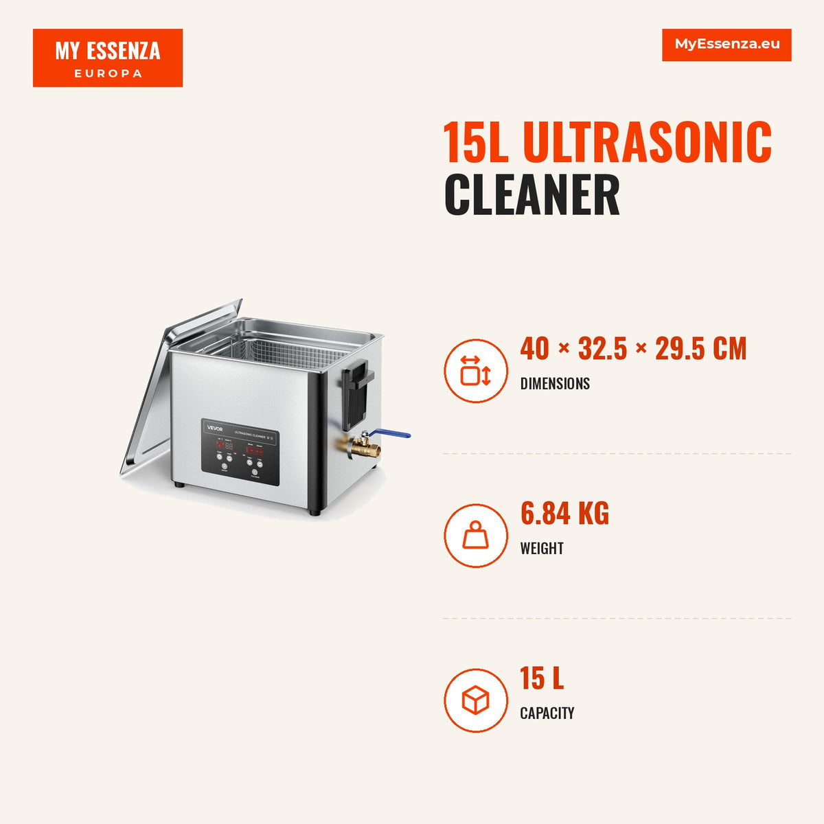 Limpador Ultrassónico 15L, 240W, 40kHz — Infografia | Infographic — dimensions