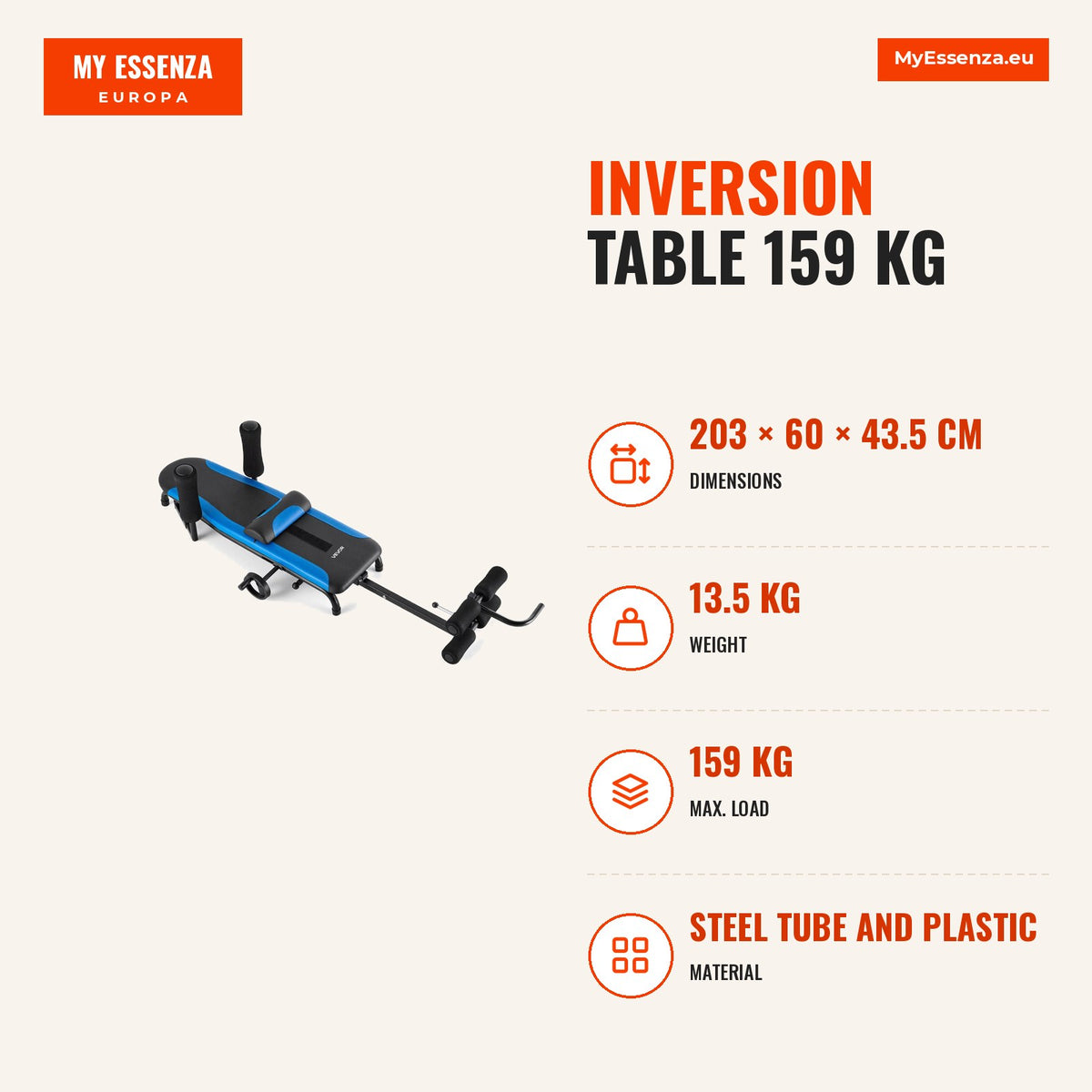 Mesa inversão 159 kg, descompressão costas, articulações — Infografia | Infographic — dimensions