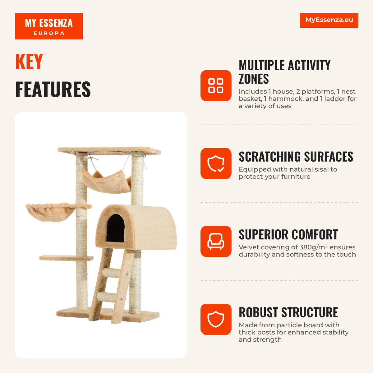 Essenza Árvore para Gatos Raspador com Plataforma Casinha Escada Veludo Sisal Natural - 55x30x100cm Bege — Infografia | Infographic — dimensions