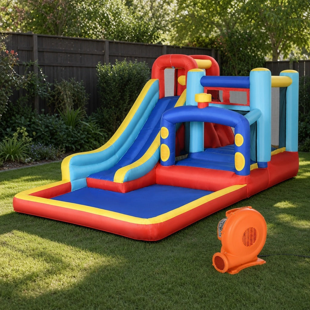 Castelo Insuflável com Inflador Castelo Insuflável para Crianças de 3-8 Anos com Escorrega Trampolim Piscina Bolsa de Transporte para Interior Exterior 435x245x200cm Multicolorido — Ambiente | Lifestyle