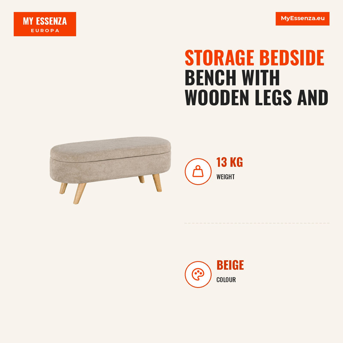 Banco para Pé de Cama Banco de Armazenamento com Pés de Madeira e Assento Acolchoado Carga 120 kg Puff de Armazenamento para Dormitório Entrada Corred — Infografia | Infographic — dimensions