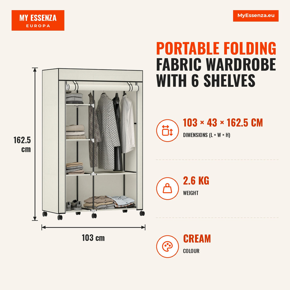Roupeiro de Tecido Dobrável Armário de Roupa Portátil com 6 Prateleiras 1 Barra de Pendurar e Rodas para Dormitório Vestidor 103x43x162,5 cm Creme — Infografia | Infographic — dimensions