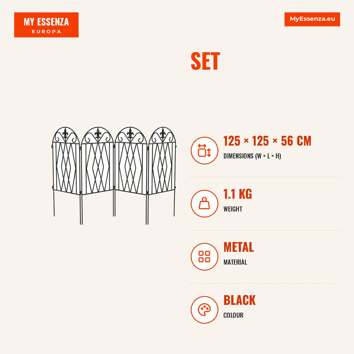 Conjunto de 4 Cercas de Jardim em Metal 125x56 cm Cercas Decorativas para Jardim com Design Arqueado Resistentes e Fáceis de Instalar para Horta Pátio — Infografia | Infographic — dimensions