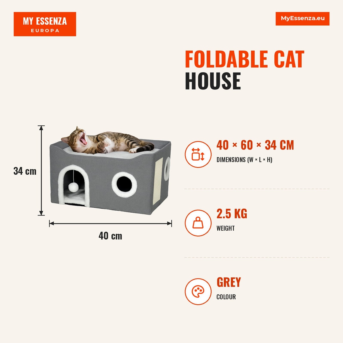 Casa Dobrável para Gatos, Cama para Gatos com Arranhador, 3 Entradas, Bola Suspensa, Almofada Reversível em Pelúcia e Tipo Linho, para Interior, 60x40 — Infografia | Infographic — dimensions