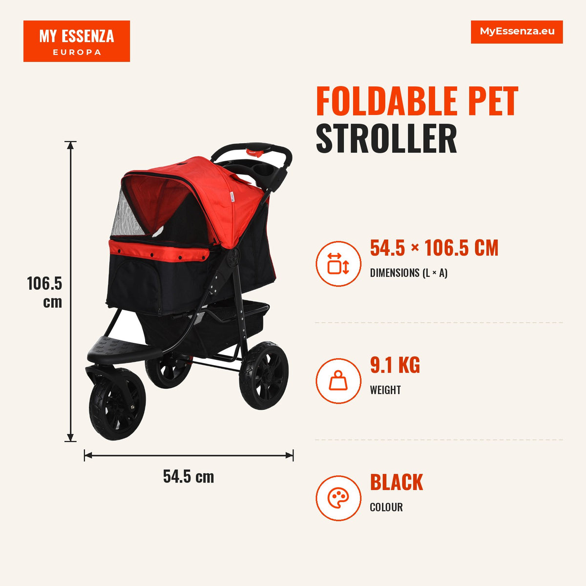 Carrinho dobrável para animais de estimação com 3 rodas Correias de segurança e cesto de armazenamento 109,5x54,5x106,5 cm Vermelho e preto — Infografia | Infographic — dimensions