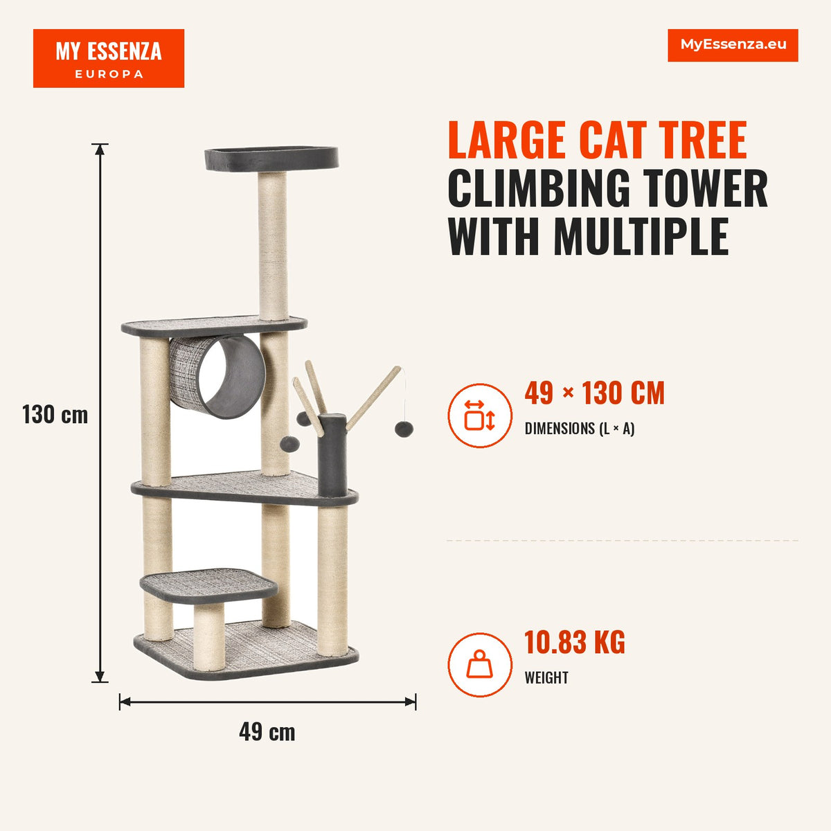 Árvore para Gatos Grande Torre de Escalar com Múltiplas Plataformas Cama Superior Túnel Postes de Arranhar de Sisal Natural e Brinquedos 49x49x130 cm  — Infografia | Infographic — dimensions