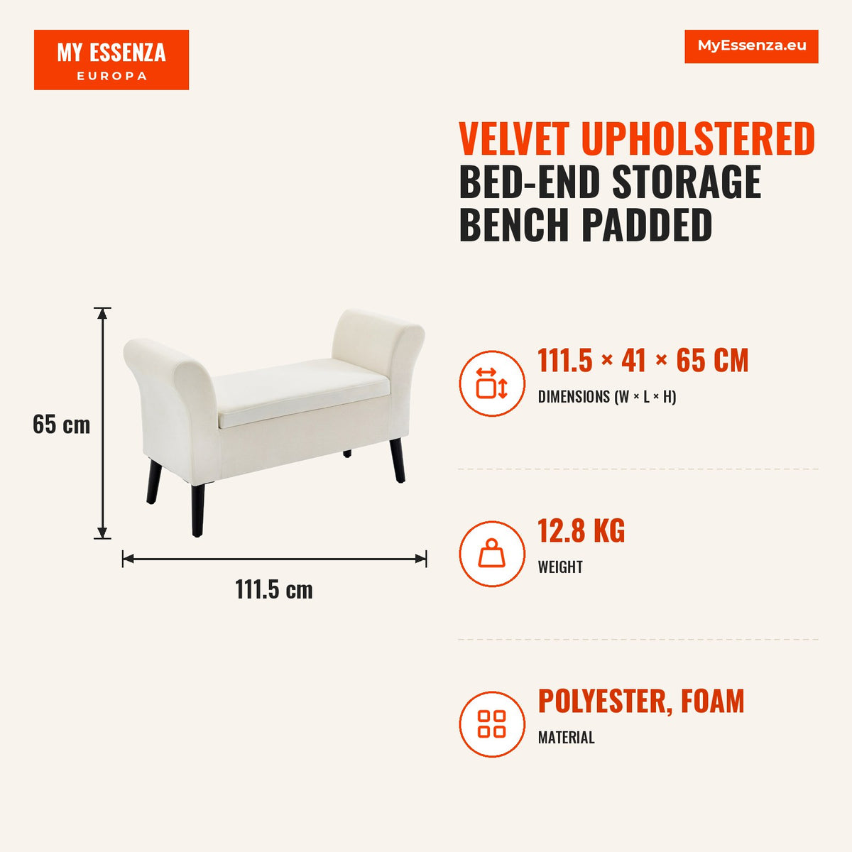 Banco para Pé de Cama Estofado em Veludo Banco de Armazenamento Acolchoado com Tampa Apoio para os Braços Pés de Madeira para Dormitório Sala de Estar — Infografia | Infographic — dimensions