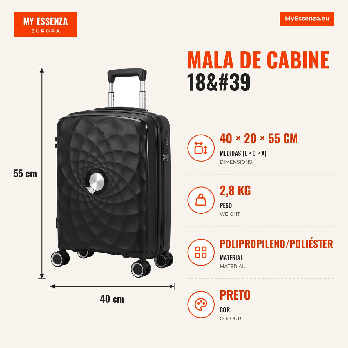 Mala de Cabine 18'' Leve e Rígida com Porta USB Fecho TSA e 4 Rodas Duplas 360° Preta — infografia 1