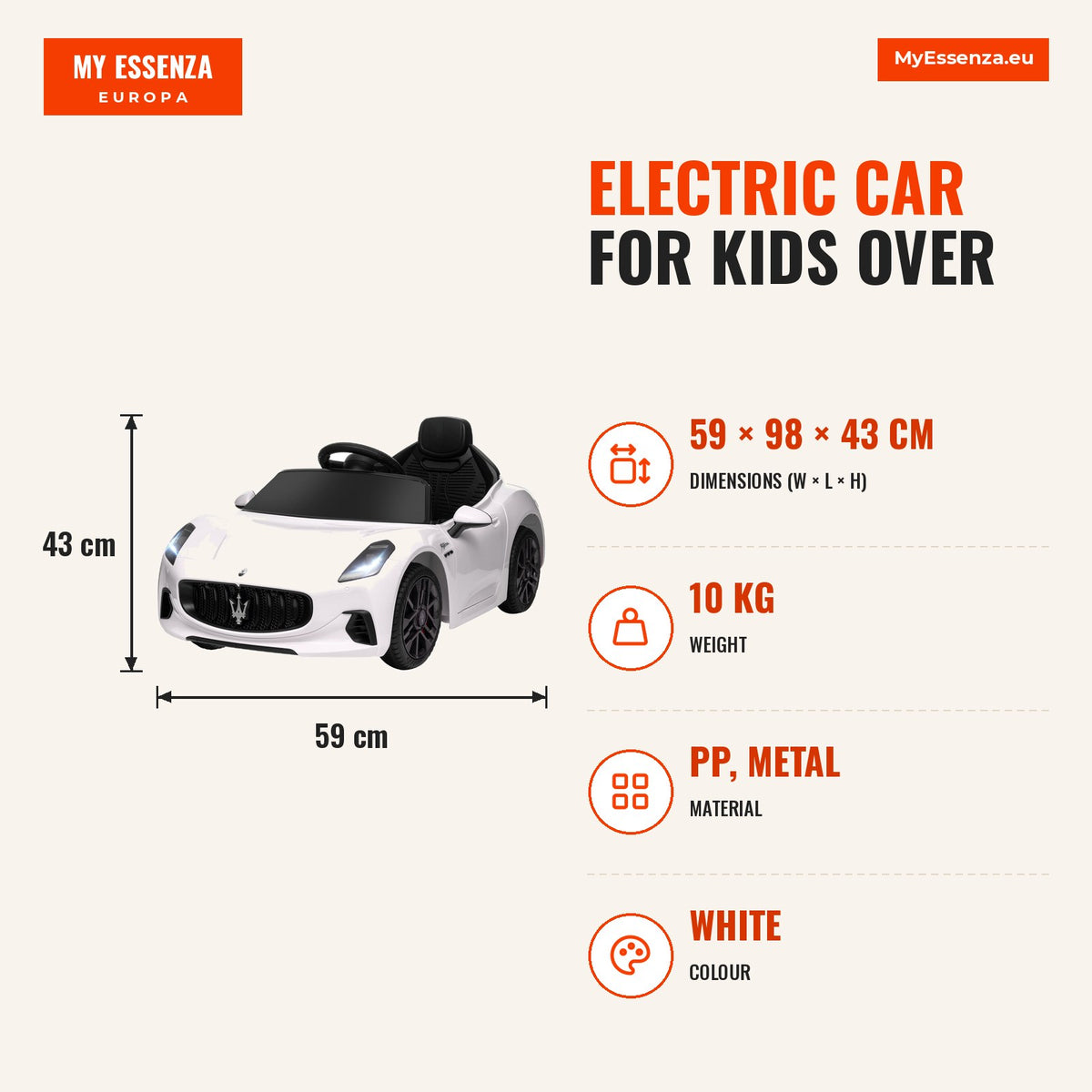 Carro Elétrico para Crianças acima de 3 Anos Carro Maserati Gran Turismo Folgore Carro Elétrico com Bateria 12V Controlo Remoto Faróis Buzina e Música — Infografia | Infographic — dimensions