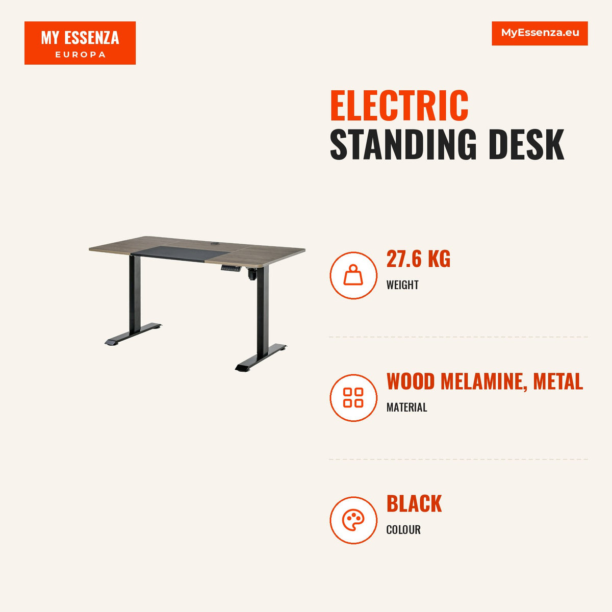 Secretária Elétrica de Pé com Ajuste Elétrico de Altura e 4 Teclas de Memória para Casa Escritório 140x70x72-116 cm Preto e Natural — Infografia | Infographic — dimensions
