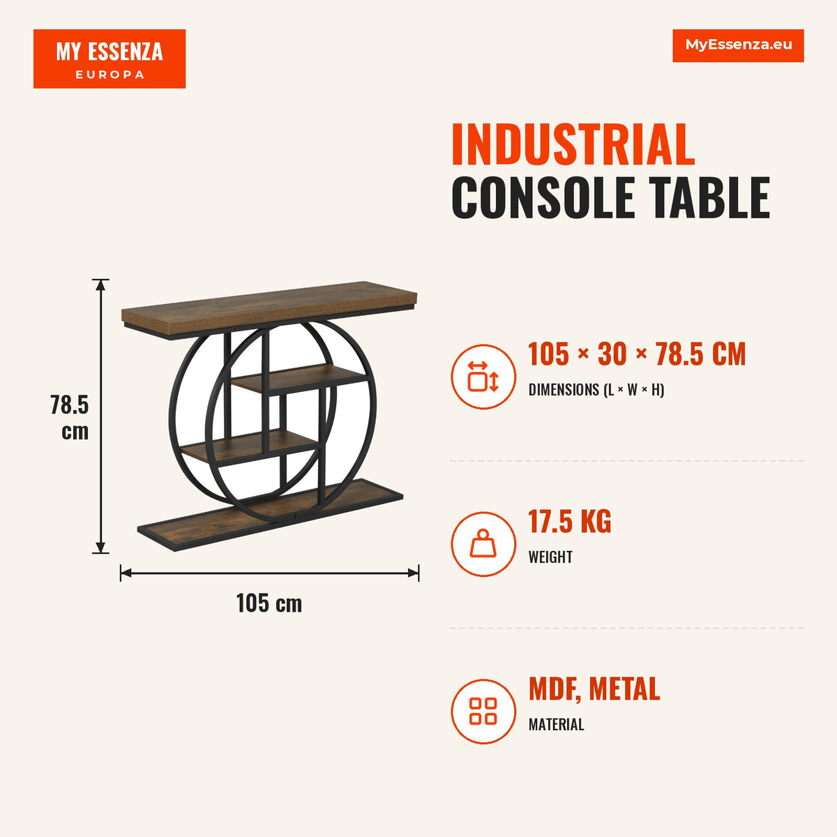 Mesa Consola Industrial 4 Níveis com Estrutura Metálica Circular e Antivuelco — Infografia | Infographic — dimensions