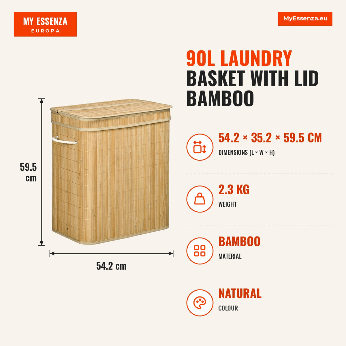 Cesto de Roupa Suja com Tampa 90L Cesto de Bambu com 2 Compartimentos Bolsa Interna Removível e Lavável Alças, para Lavandaria Quarto 54,2x35,2x59,5 c — Infografia | Infographic — dimensions