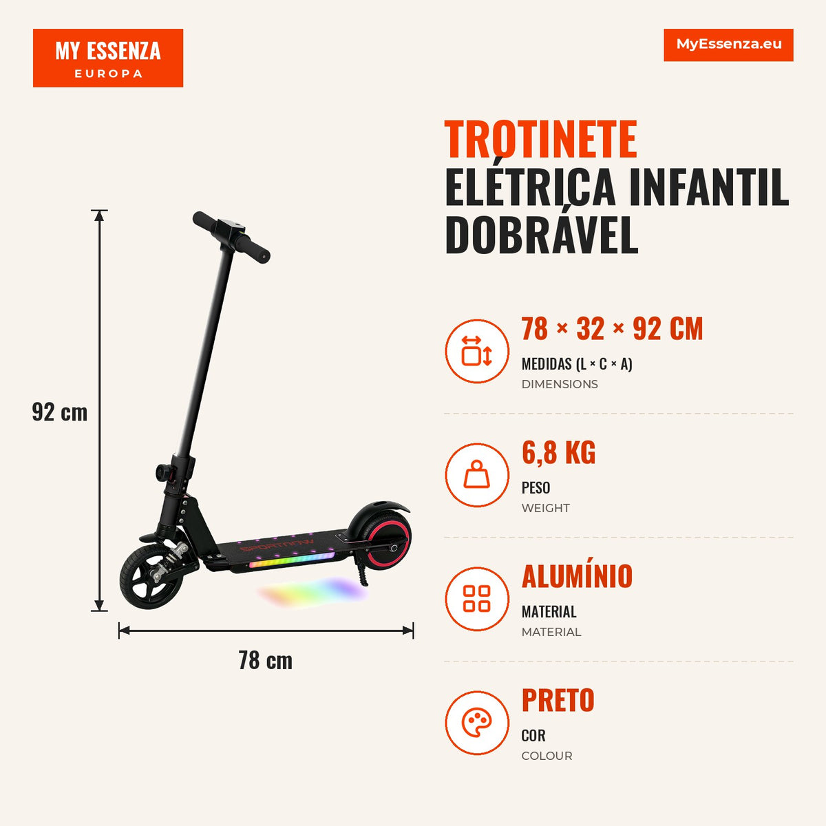 Trotinete Elétrica Infantil Dobrável 14 km/h Leve e Seguro Preto — infografia 1
