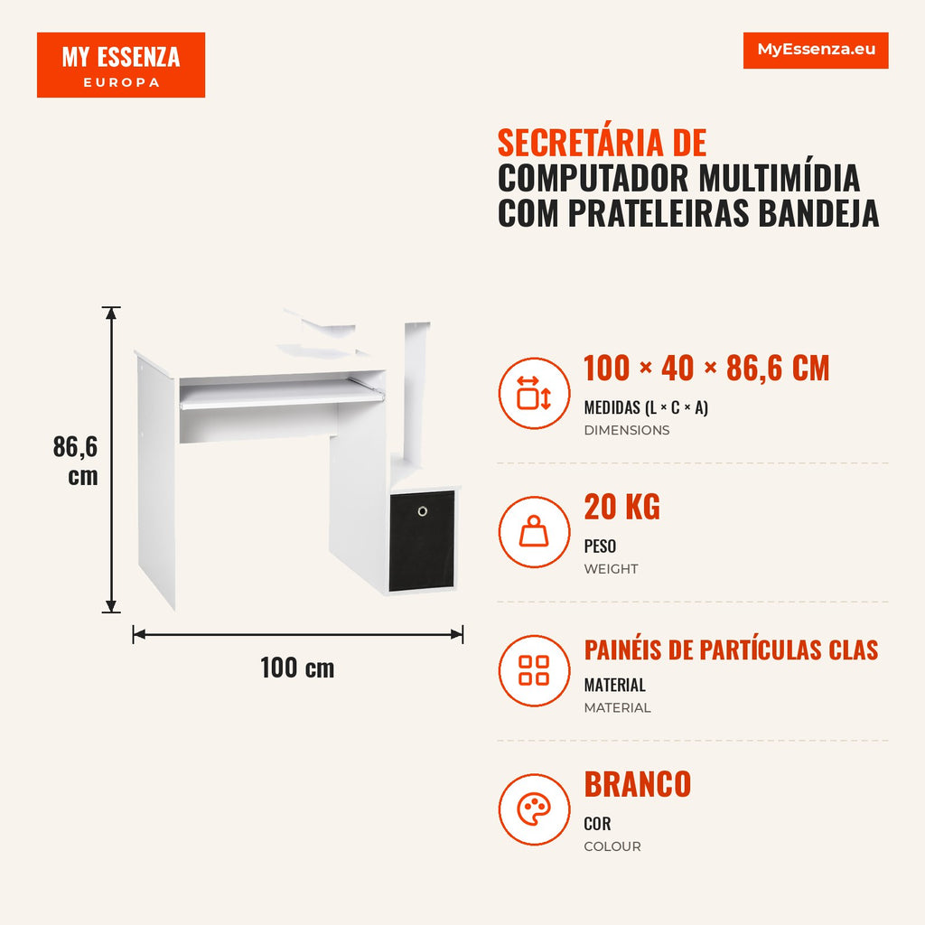 Secretária de Computador Multimídia com Prateleiras Bandeja Teclado Cesta Painéis de Partículas Branco — infografia 1