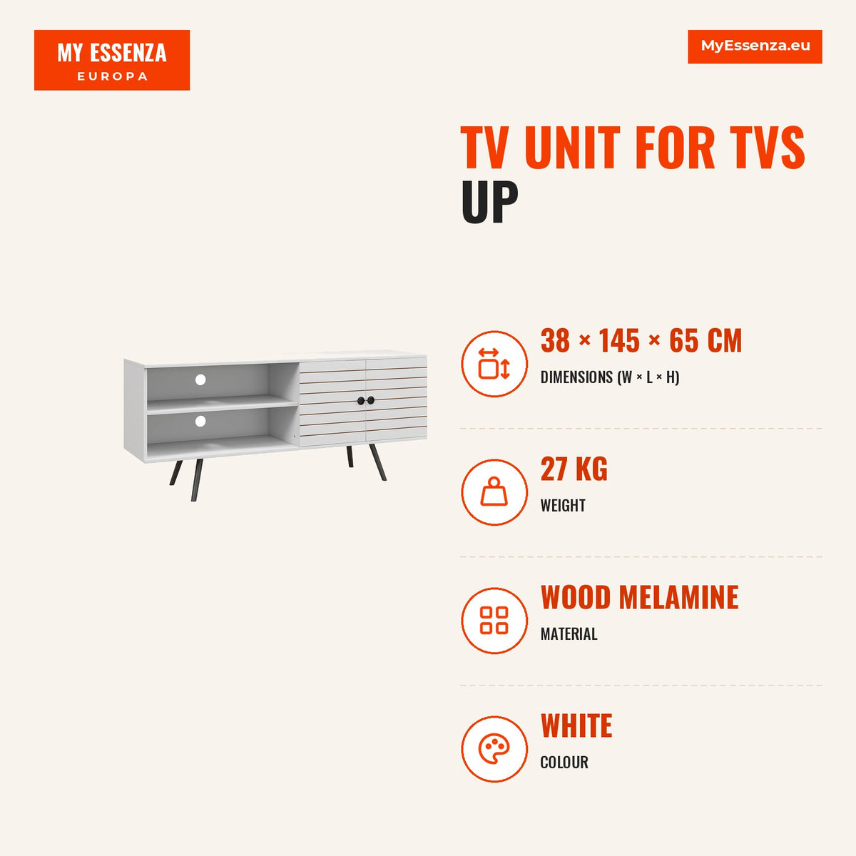 Móvel de TV para Televisores de até 65 Polegadas Móvel de TV para Sala com 2 Prateleiras Abertas 1 Armário com Portas e Orifícios para Cabos 145x38x65 — Infografia | Infographic — dimensions