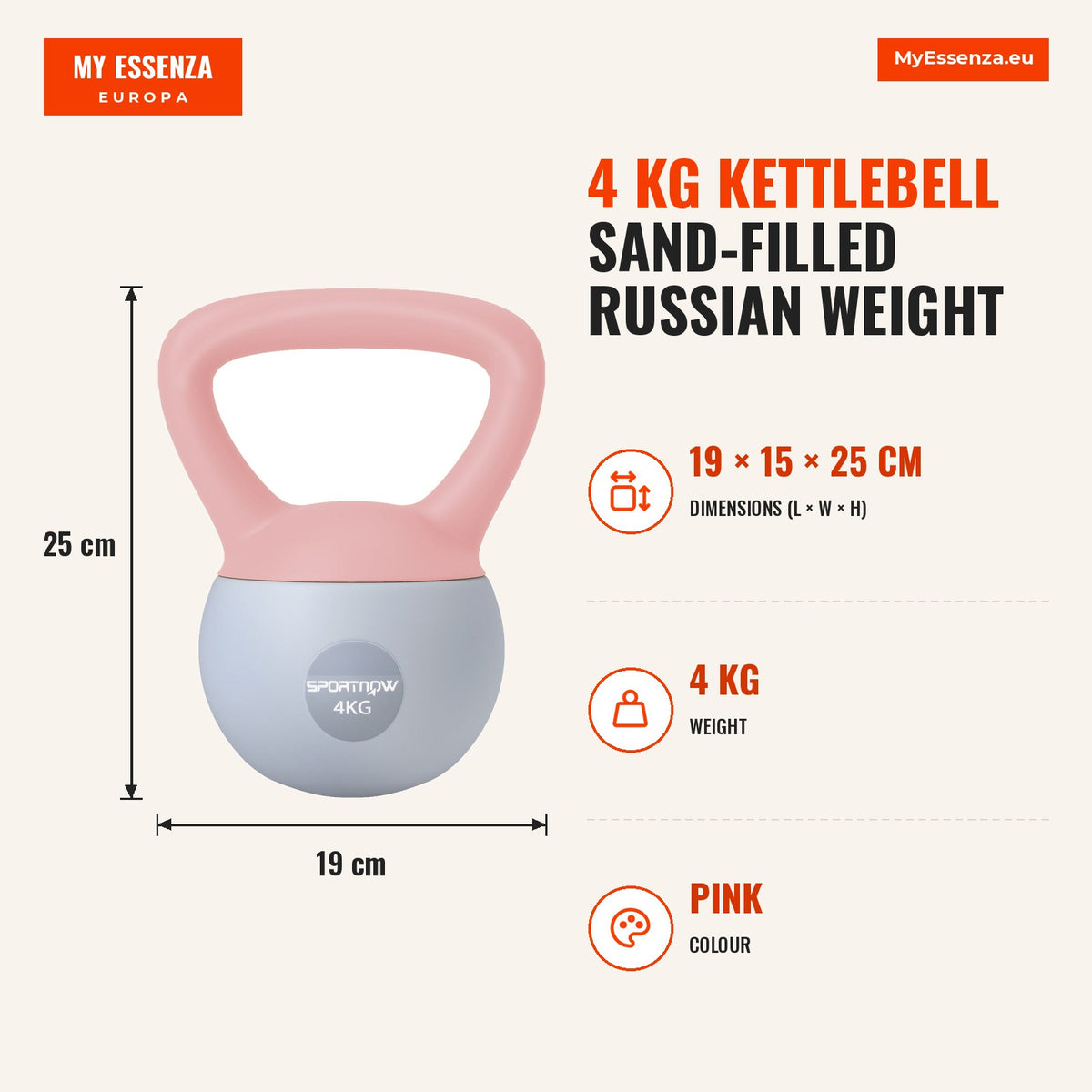 Kettlebell de 4 kg Pesa Russa Preenchida de Areia Metálica e Alça Antiderrapante para Treino de Musculação em Casa Ginásio 19x15x25 cm Rosa — Infografia | Infographic — dimensions