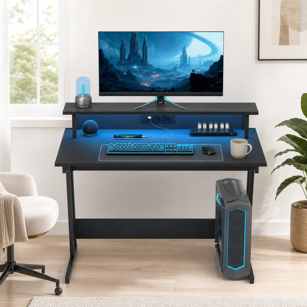 Mesa Gaming com Luzes LED e Tomadas Elétricas, 100x60 cm, Secretária Gaming, Mesa Gamer com Suporte para Monitor, Prateleiras e Controlo Remoto, para Escritório, Estúdio, Preto — Ambiente | Lifestyle