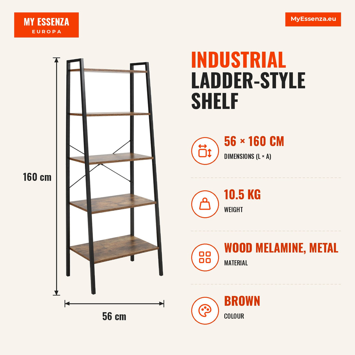 Estante de Estilo Industrial em Forma de Escada com 5 Prateleiras com Estrutura de Metal para Sala de Estar Dormitório Cozinha Escritório 56x34x160cm  — Infografia | Infographic — dimensions