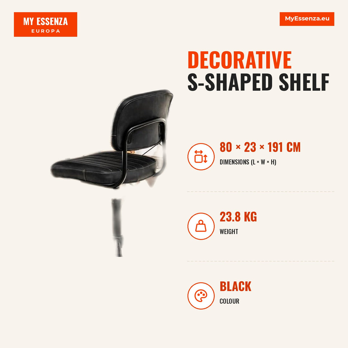 Estante Decorativo em Forma de S com 6 Prateleiras em Madeira 80 x 23 x 191 cm Preto — Infografia | Infographic — dimensions