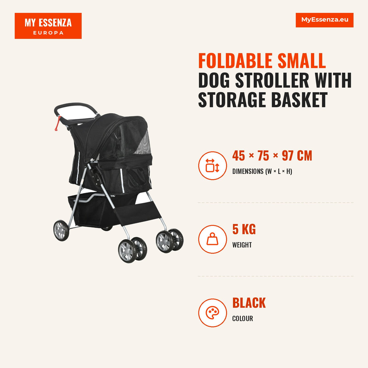 Carrinho para Cães Dobrável, Coche para Cães Pequenos com Cesto de Armazenamento, Janelas de Malha, Porta-Copos, Rodas de EVA, Almofada Lavável, Travõ — Infografia | Infographic — dimensions