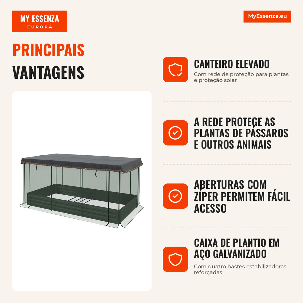Canteiro elevado com rede de proteção contra pássaros e proteção solar, Estrutura metálica, 230x110x110 cm, Cinza/Verde/Preto — infografia 1