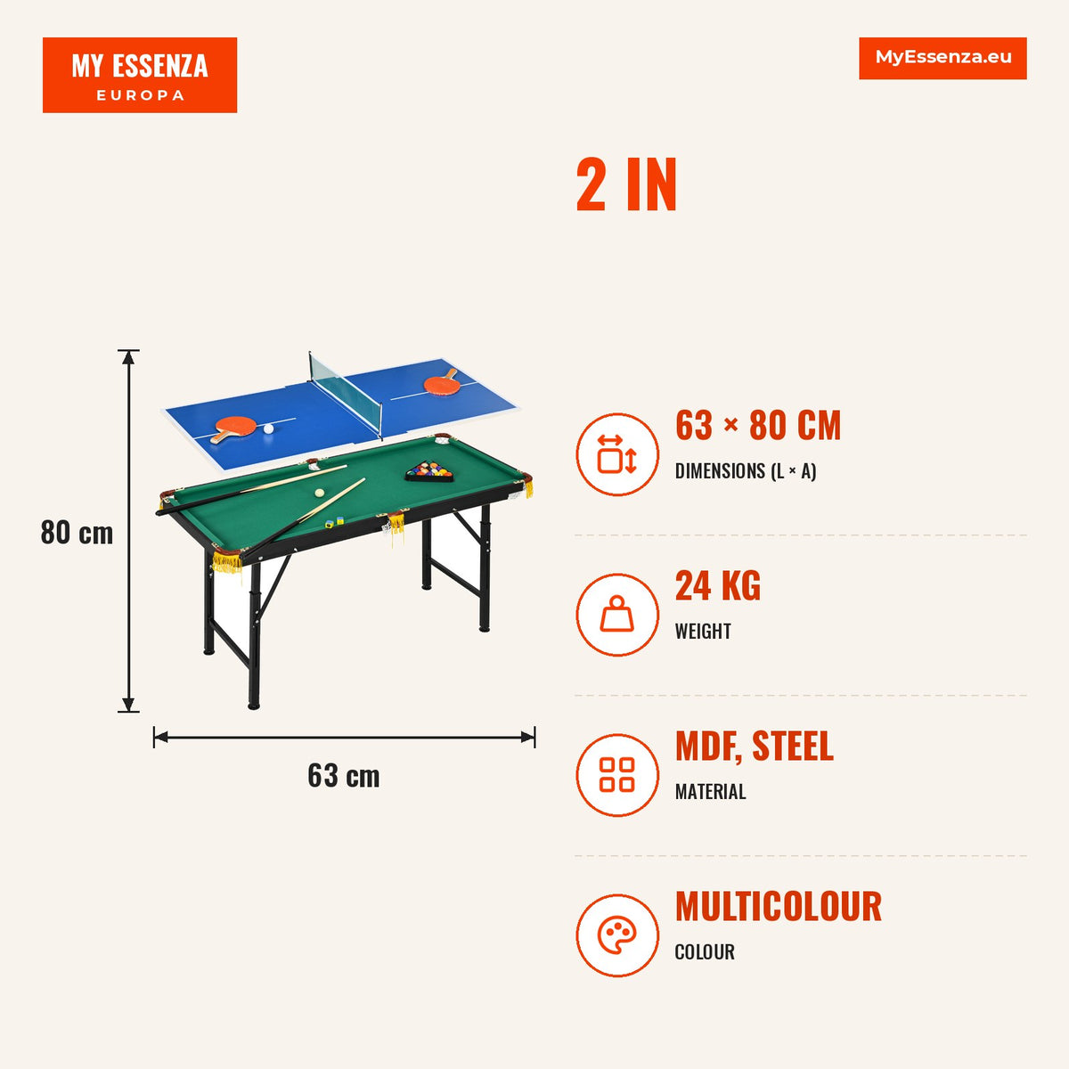 2 em 1 Mesa Multijogos para Crianças de 6+ Anos Mesa de Bilhar e Ping Pong Dobrável com Altura Ajustável e Acessórios 140x63x60-80 cm Multicolor — Infografia | Infographic — dimensions