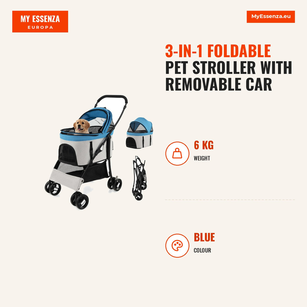 Carrinho Dobrável para Animais 3 em 1 com Assento de Carro Removível, Toldo Ajustável e Cesta 88x48x98cm — Infografia | Infographic — dimensions