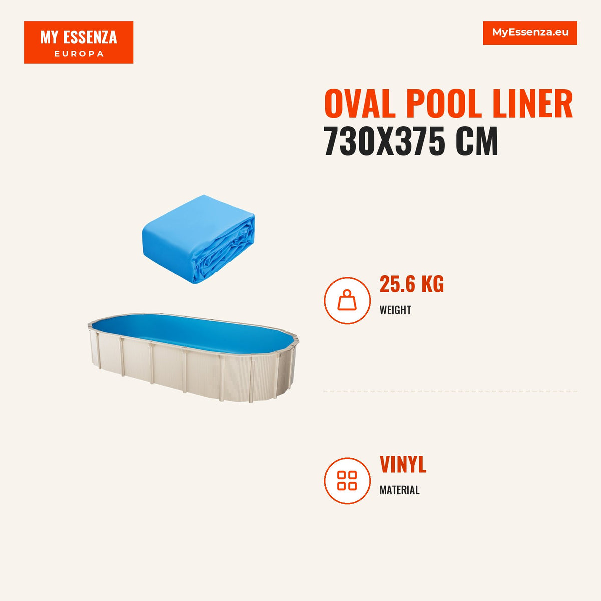 Revestimento para piscina oval, 730x375 cm, vinil resistente, sobreposição — Infografia | Infographic — dimensions