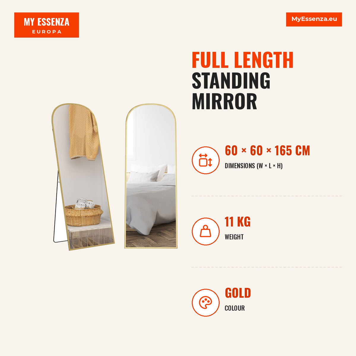 Espelho de Pé Espelho de Corpo Inteiro 60x165 cm Espelho de Parede com Estrutura de Liga de Alumínio e Suporte para Sala Quarto Banheiro Dourado — Infografia | Infographic — dimensions