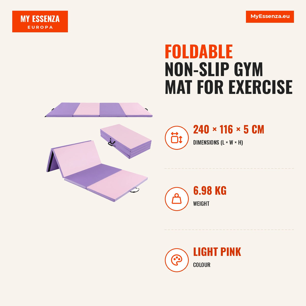 Colchão de Ginástica Dobrável Antideslizante para Exercício e Yoga 240 x 116 x 5 cm – Rosa-claro — Infografia | Infographic — dimensions