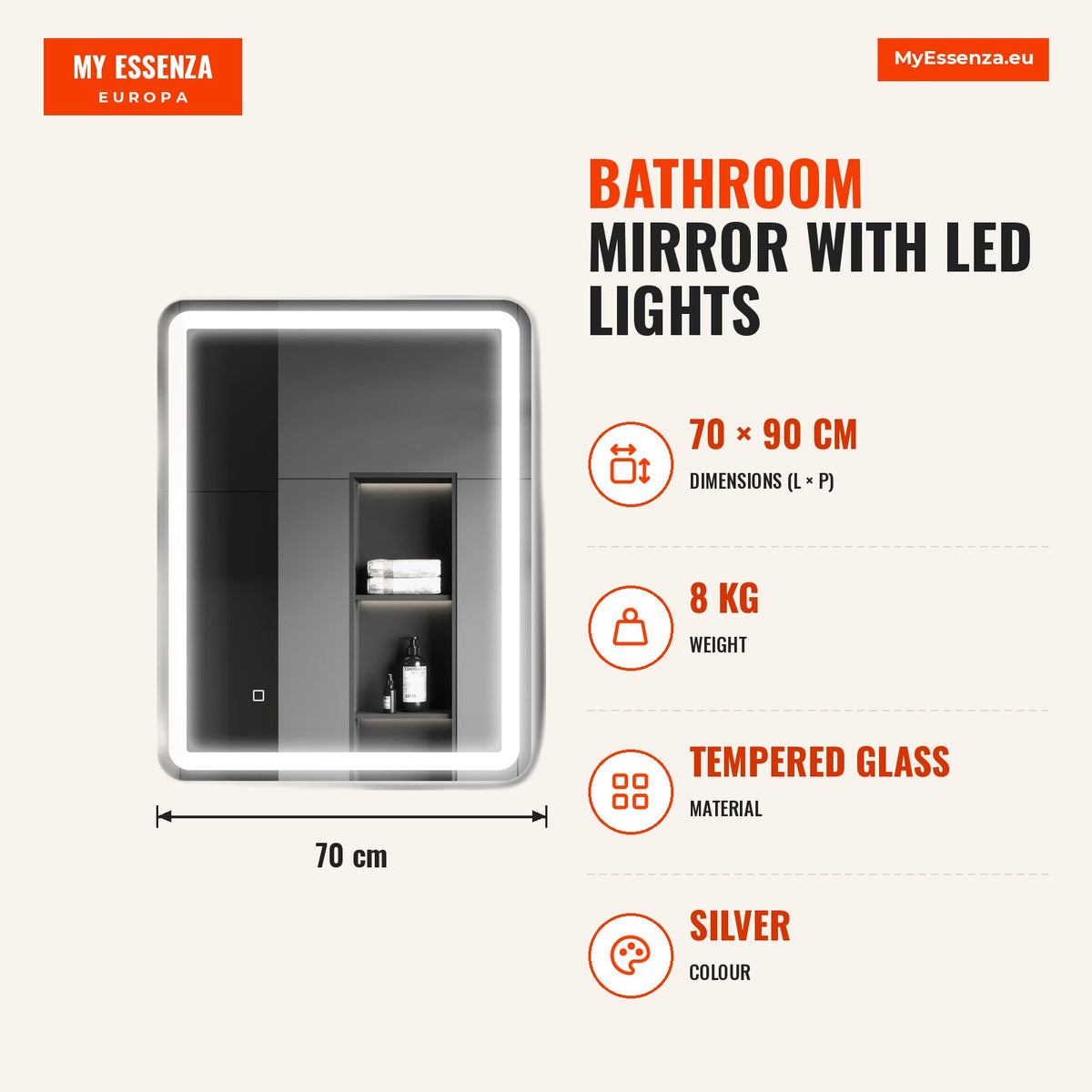 Espelho Casa de banho com Luzes LED 70x90 cm Espelho de Parede Antiembaciamento com 3 Temperaturas de Cor Ajustável e Função de Memória Horizontal e V — Infografia | Infographic — dimensions