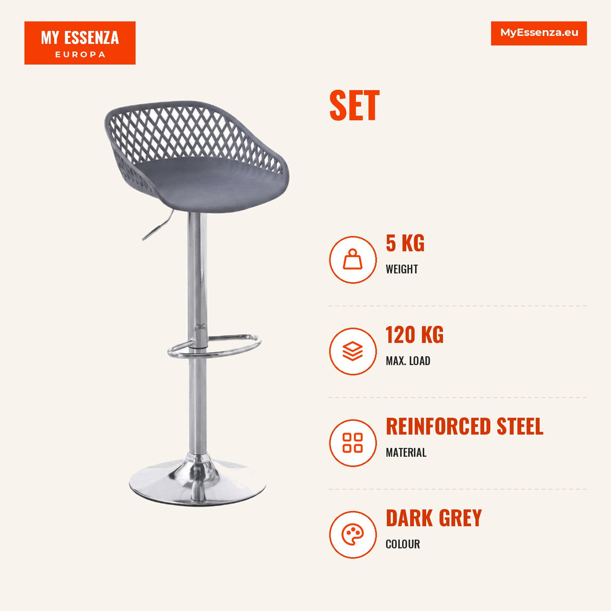 Pack 4 Bancos Alta Regulável Nonver — Cinza escuro — Infografia | Infographic — dimensions