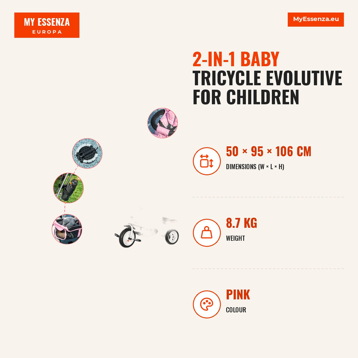 Triciclo para Bebés 2 em 1 Triciclo Evolutivo para Crianças de +12 Meses com Toldo Dobrável Guiador Telescópico e Removível Cinto de Segurança e Cesto — Infografia | Infographic — dimensions