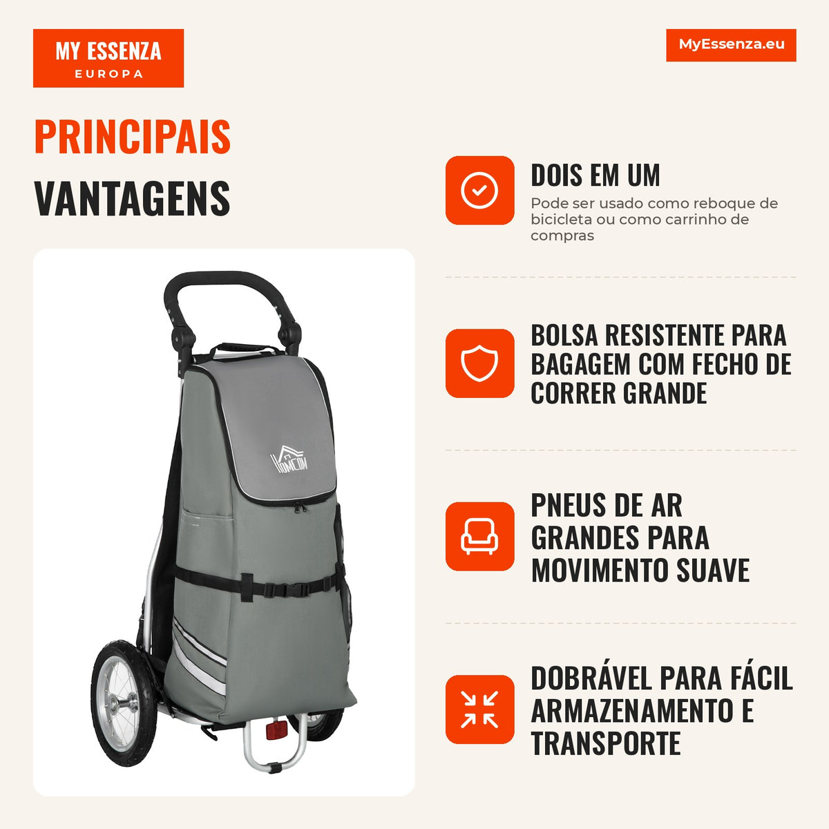 3 em 1 Carrinho de Compras Reboque para Bicicleta Carrinho de Mão 53x43x110 cm Cinza e Prata — infografia 1