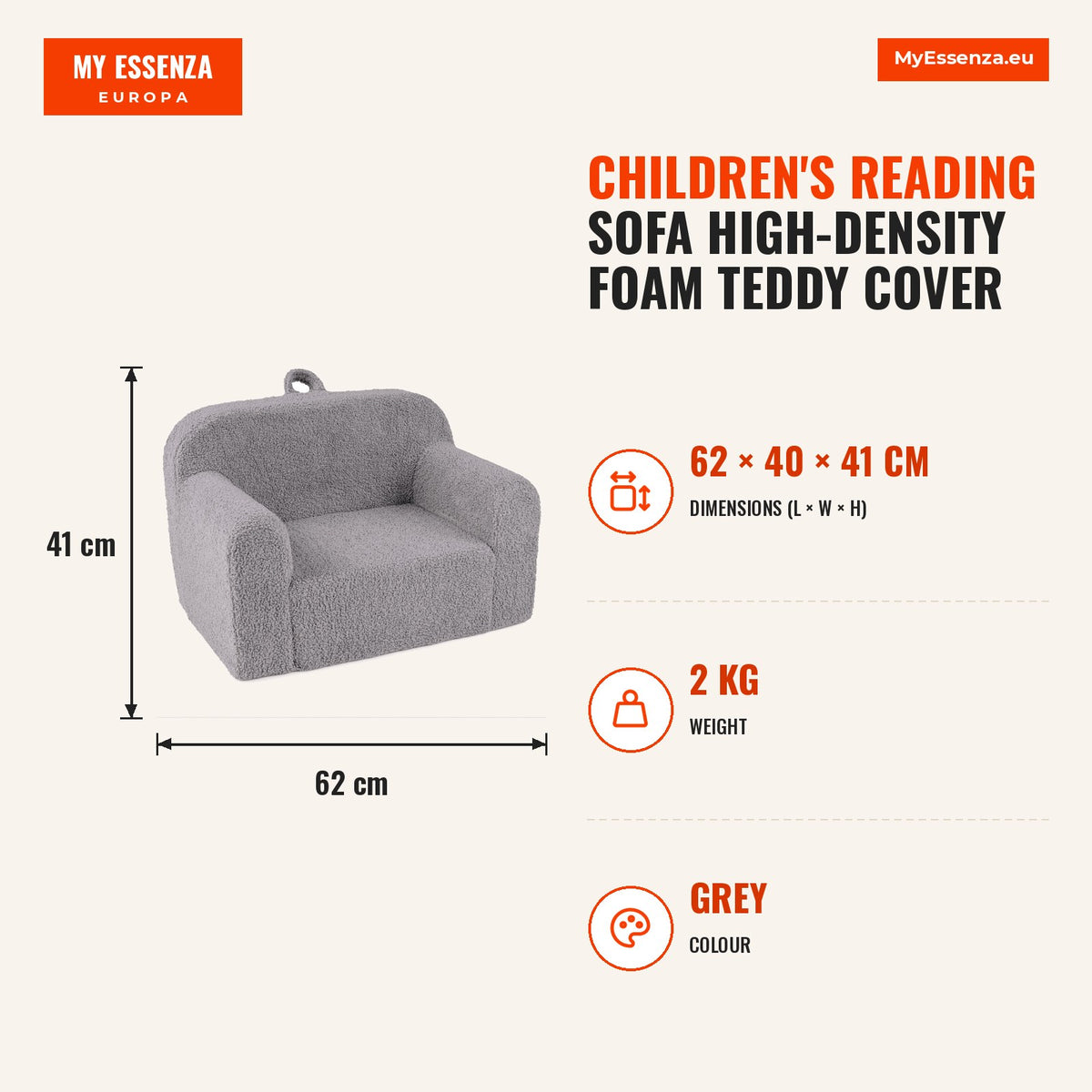 Sofá Infantil Leitura Espuma Alta Densidade Funda Teddy Lavável Asa Portátil 3+ Anos Cinzento — Infografia | Infographic — dimensions