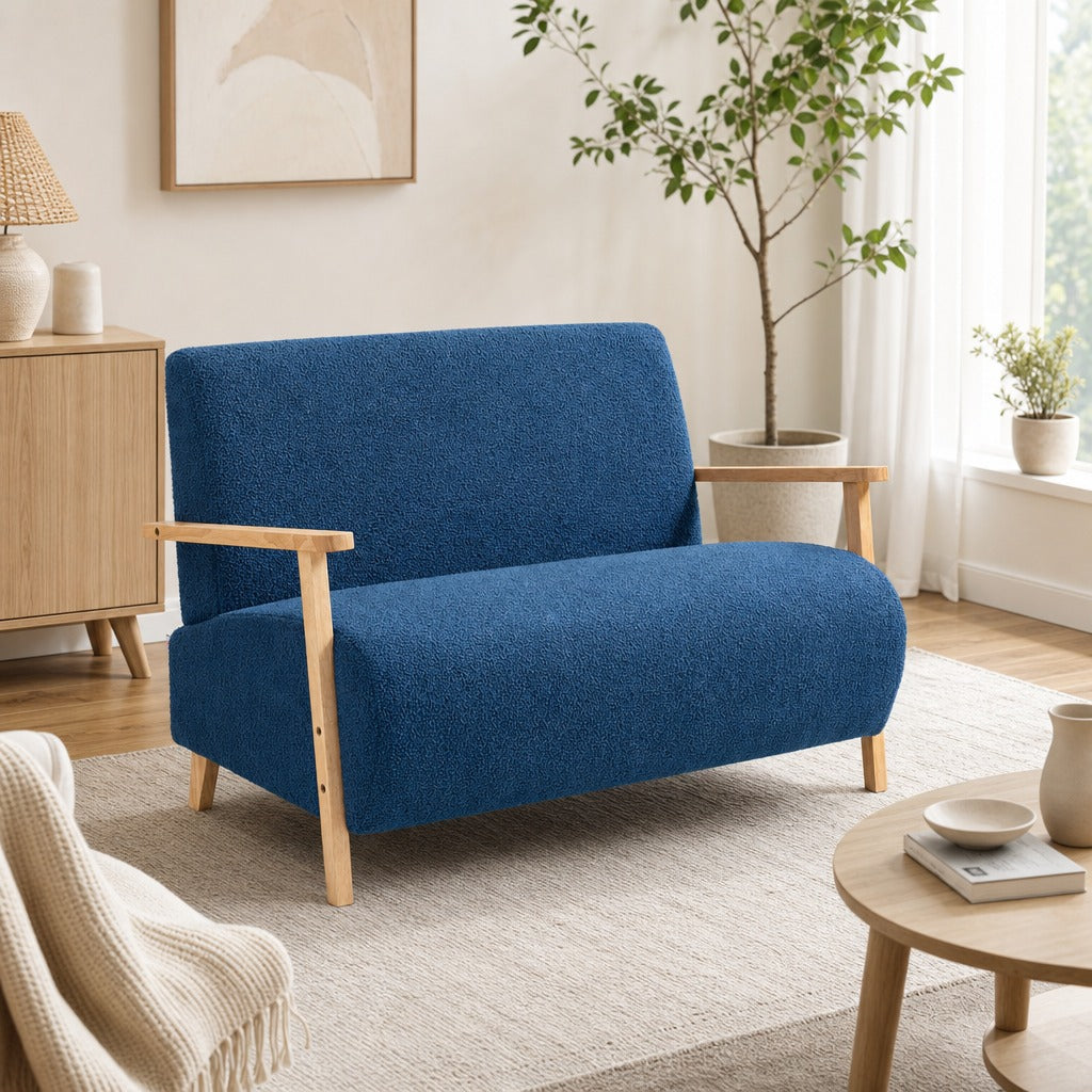 Sofá de 2 Lugares Estofado em Borreguito Sofá de Sala de Estar de 118 cm com Acolchoado Espesso Apoios de Braço e Pés de Madeira para Quarto Sala de Estar 118x76x78 cm Azul — Ambiente | Lifestyle