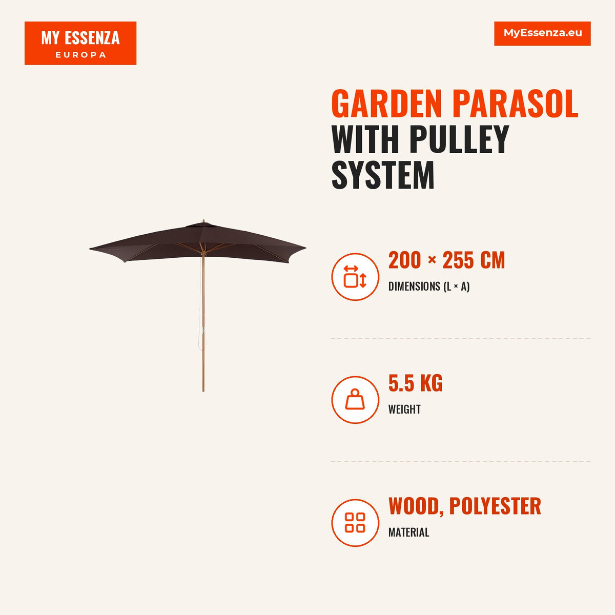 Chapéu de Sol de Jardim com Sistema de Polia Teto Ventilado e Mastro de Madeira para Terraço Pátio Exterior 2,95x2x2,55m Café — Infografia | Infographic — dimensions