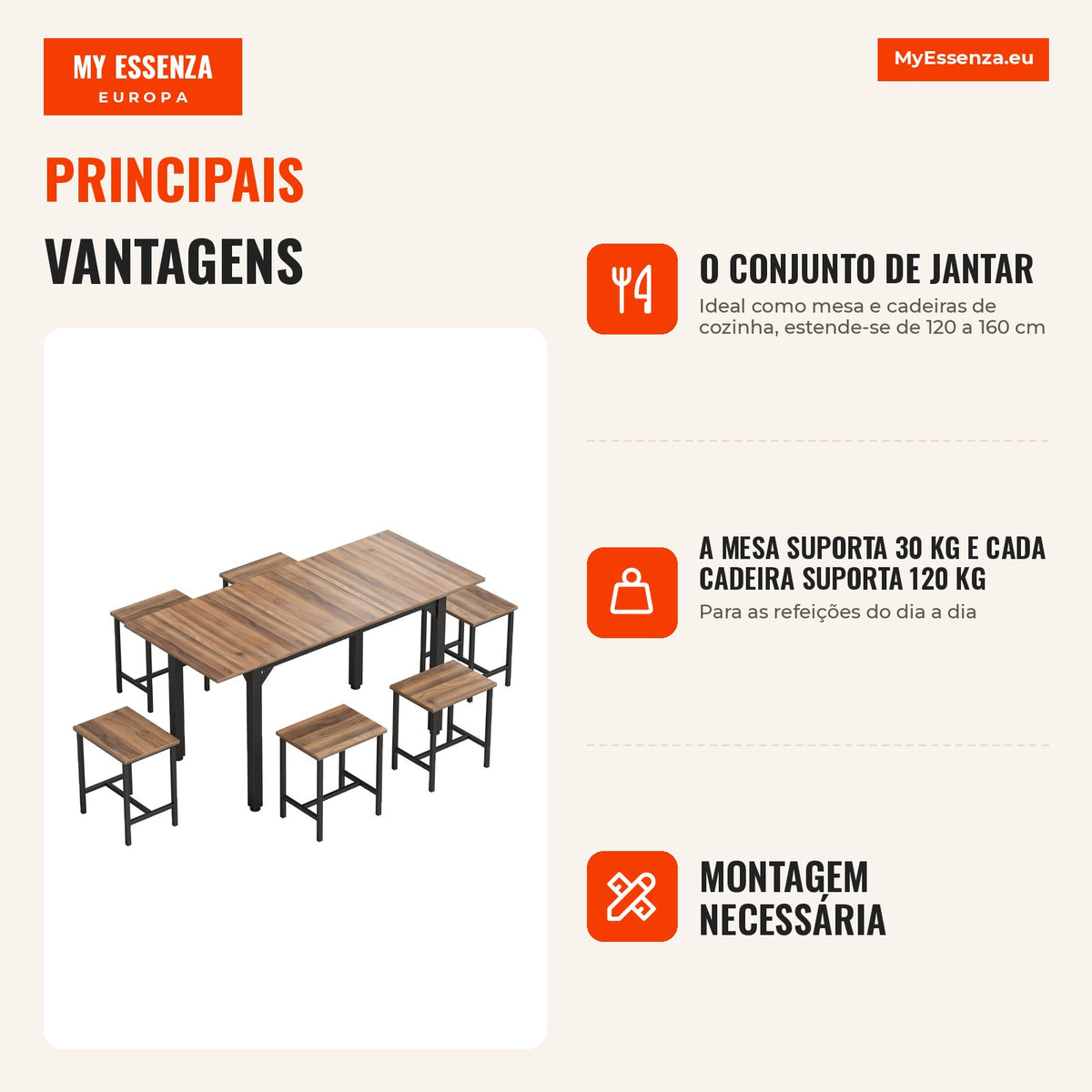 Conjunto de Jantar 7 Peças para 4-6 Pessoas Mesa Extensível 160 cm Nogueira e Preto — infografia 1