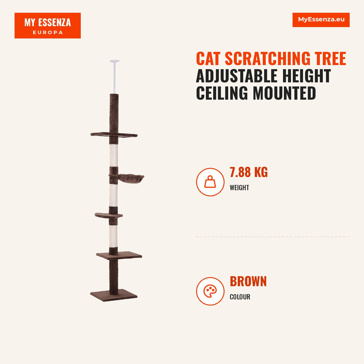 Árvore Arranhadora para Gatos Arranhador para Fixar ao Teto Altura Ajustável com Plataformas Poste de Sisal 40x34x230-260cm Marrom — Infografia | Infographic — dimensions