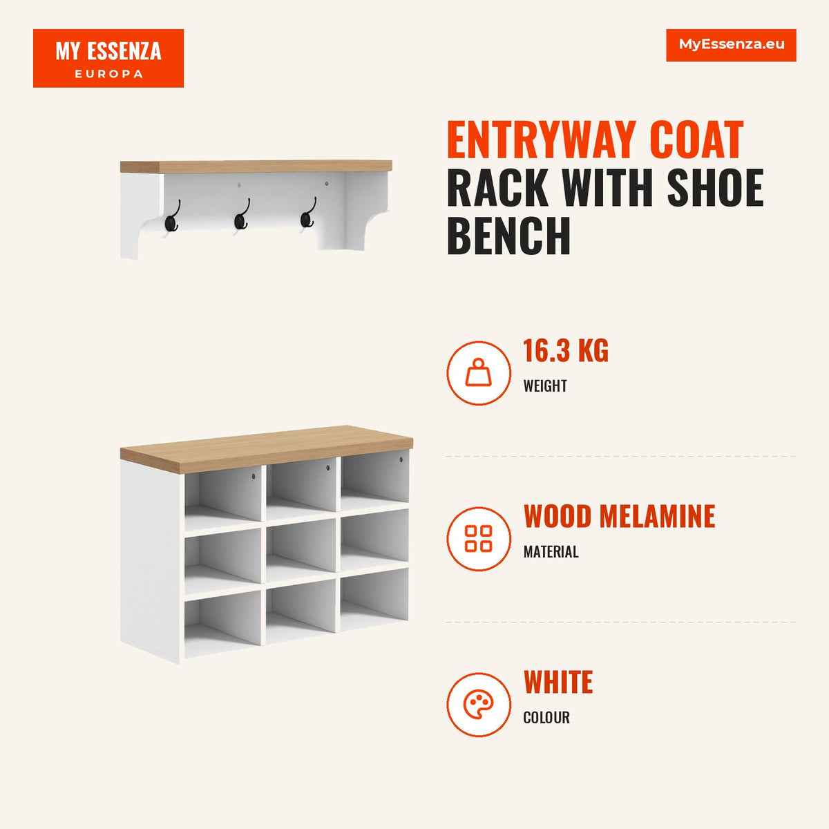Móvel Cabide de Entrada com Banco Sapateira 2 em 1 Móveis de Entrada com 3 Ganchos e Prateleiras para 9 Pares de Sapatos 75x30x50 cm e 75x20x22,5 cm B — Infografia | Infographic — dimensions