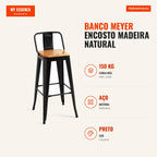 Banco Meyer Encosto Madeira Natural 95 cm — Preto — Infografia — medidas