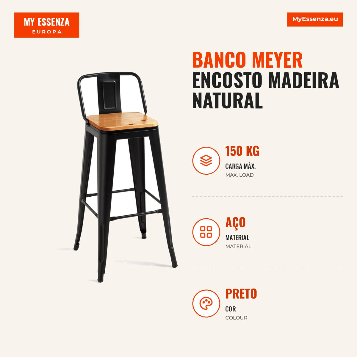 Banco Meyer Encosto Madeira Natural 95 cm — Preto — Infografia — medidas