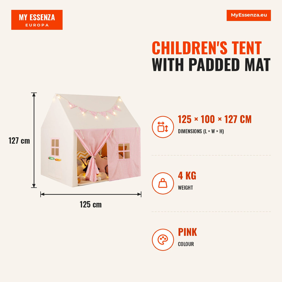 Tenda Infantil com Tapete Acolchado, 2 Janelas e 2 Bolsos de Arrumação com Luzes de Estrelas — Infografia | Infographic — dimensions