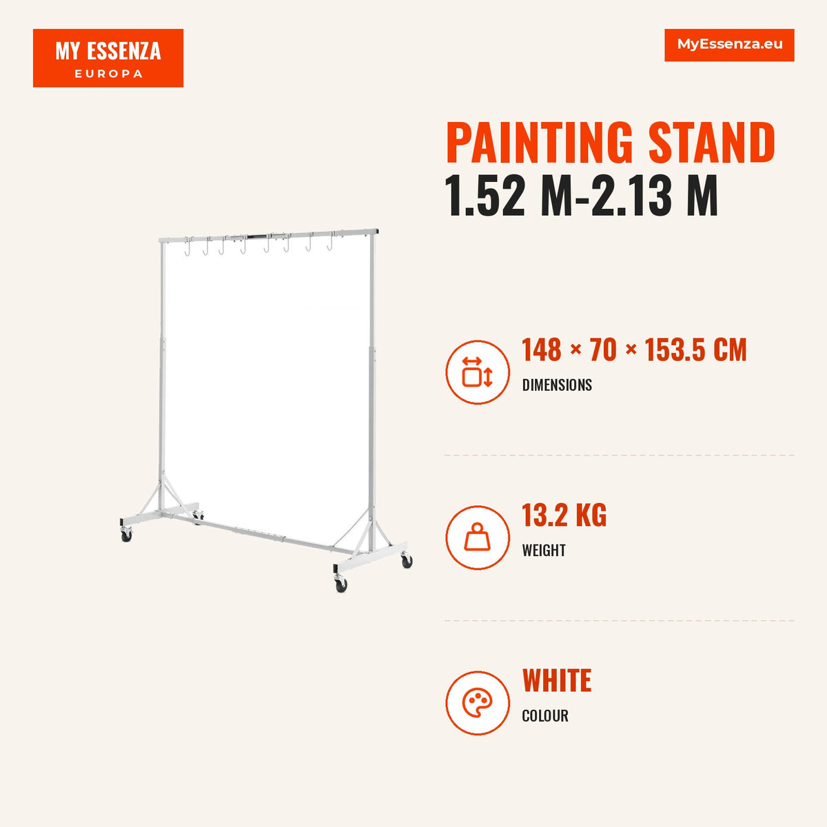 Suporte de pintura 1,52 m-2,13 m, capacidade 30 kg, 8 ganchos, rodas giratórias — Infografia | Infographic — dimensions